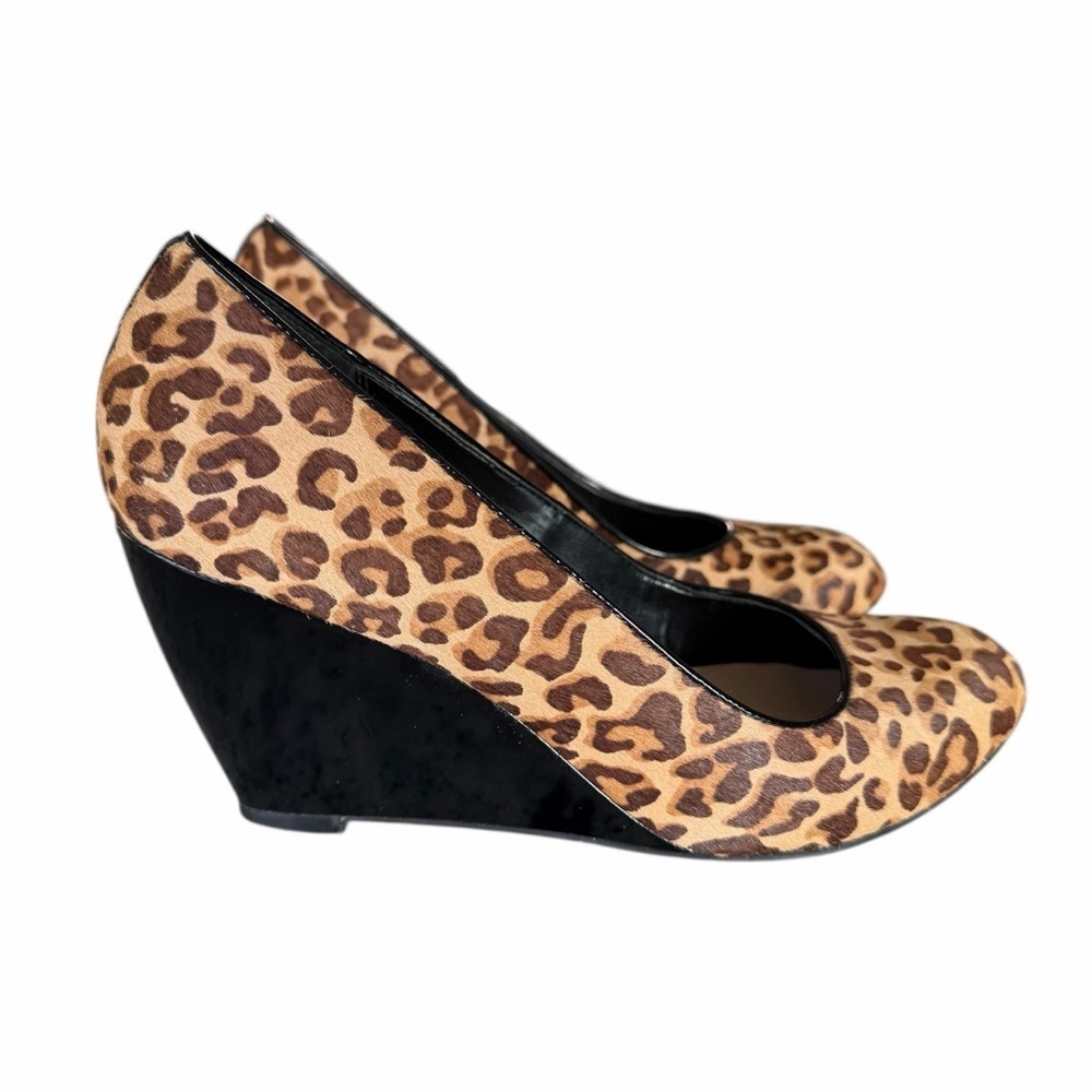 Cole Haan Leopard Print Calf Hair Black Patent Wedge Heels Size 8 - Picture 2 of 16